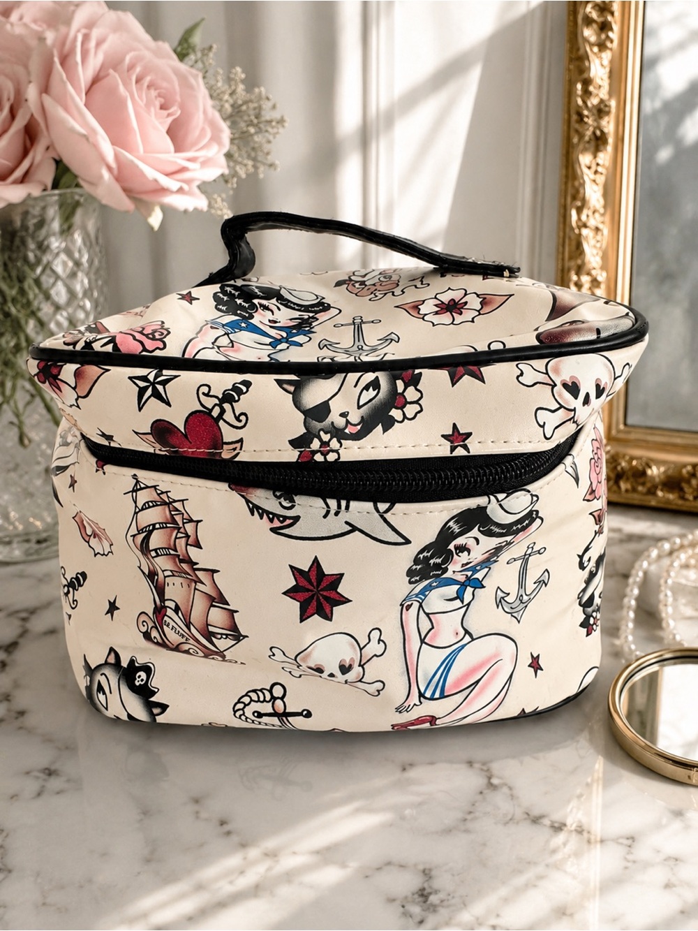 Fluff Tattoo Print Train Case Y2K Pin Up Skull Ship Nautical Makeup Cosmetic Bag